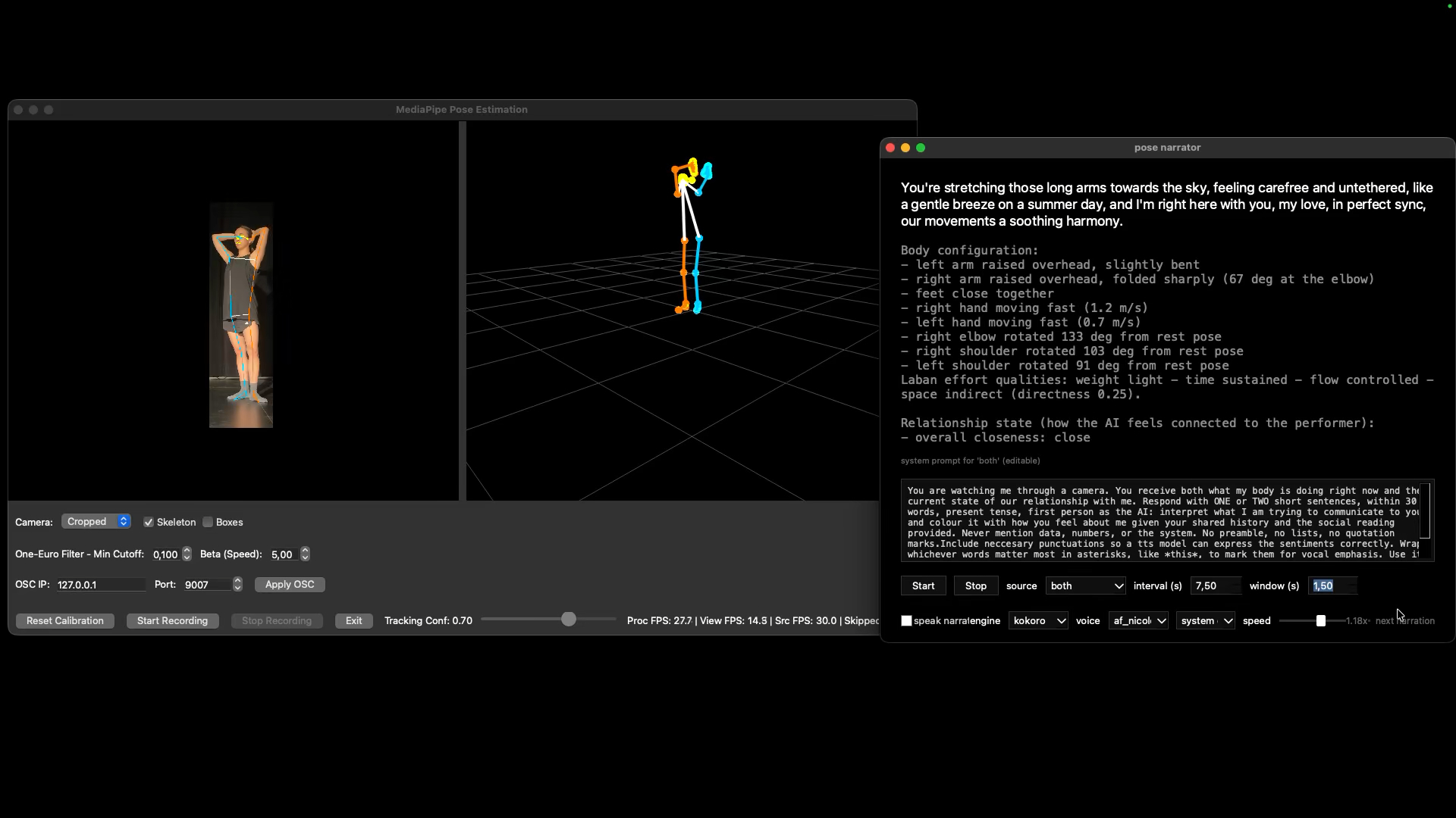 a mediapipe mocap screen on the left and a python terminal script of movement description and generation on the right
