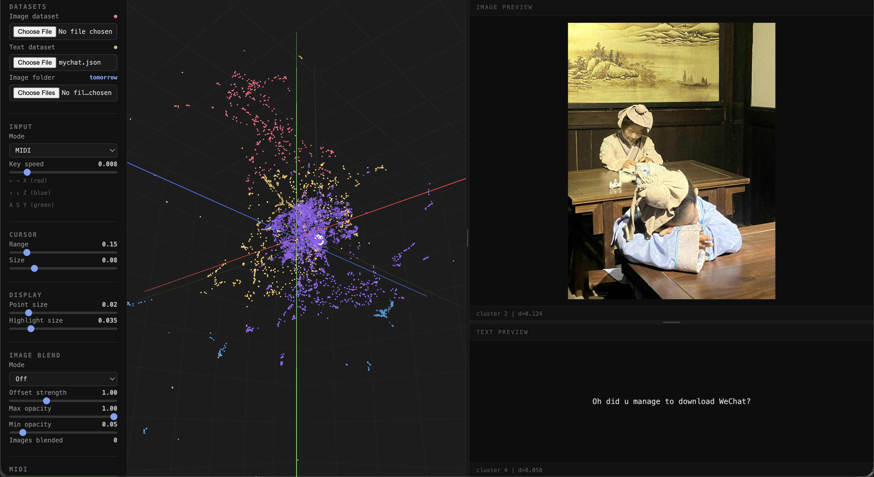 A dark background interface with controls on the left panel, a visualization pannel of the embedding space in the middle, and two data point preview panels on the right.